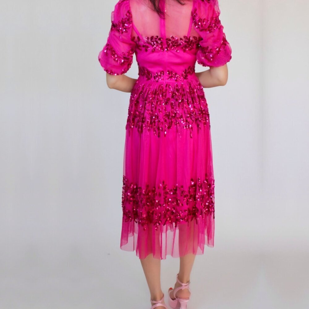 Sequin Hot Pink Midi Spring Dress - Picture 2 of 6